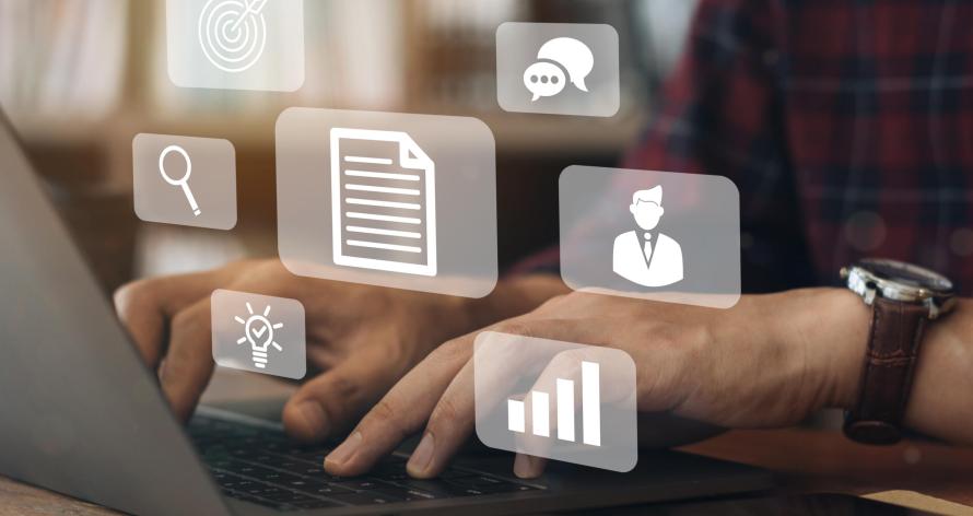 e-learning concept, webinar online, education on the internet and technology. Graphic interface showing technology of digital training course for people to do remote learning from anywhere.